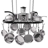 Vdomus heavy-duty hanging pot rack overhead view with 15 hooks for organized cookware