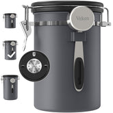Veken coffee canister with airtight lid and CO2 valve preserves freshness.