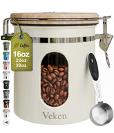 Veken coffee canister with window showing remaining beans for freshness planning.