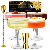 VEMACITY ribbed coupe glasses with gold rims for stylish entertaining.