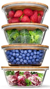 Verel round glass containers with bamboo lids for easy meal prep and fridge storage.