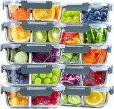VERONES 10-pack glass meal prep containers with two compartments for portion control.