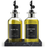 Verspace clear glass olive oil dispenser with precise pour spout for controlled pouring.