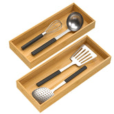 VeyFey bamboo drawer organizer stackable 2-pack keeps utensils neatly separated.