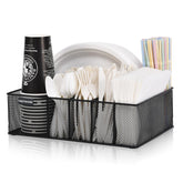 VIKEYHOME paper plate organizer on counter keeps plates tidy and accessible.
