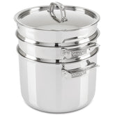 Viking 8qt pasta pot with lid demonstrates durable stainless steel construction for versatile cooking.