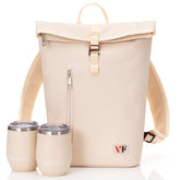 VIN FRESCO two-bottle rolltop wine tote beige closeup highlighting spill-resistant PU leather