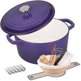 VORRINGARD purple enameled cast iron dutch oven front view demonstrates even heat for crisp crusts