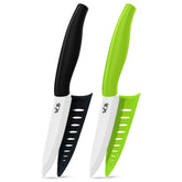 Vos ceramic paring knife with green sheath shows blade protection for safe storage