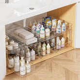 Vtopmart 4-pack 2-tier under-sink organizer provides tidy bathroom storage and easy access.