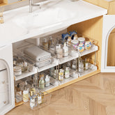 Vtopmart two tier under-sink organizer keeps cabinets tidy.