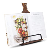 VYNOPA wooden cookbook stand with rustic finish and sturdy page support.
