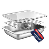 Wagensteiger stainless steel container with rack and lid for marinating and draining.