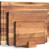 WALDWERK solid acacia cutting boards highlight durable, natural wood grain.