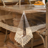 Walrus clear vinyl tablecloth 54x54 protects dining surface from spills.