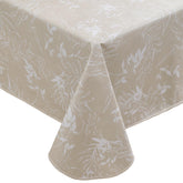 Walrus heavy-duty vinyl tablecloth with flannel backing in beige leaf guards against spills.