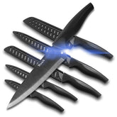 Wanbasion black stainless-steel knife set cover close-up highlighting durable blades for daily prep.