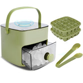 WAOGE ice cube tray with lid and bin, green, showing stackable design.