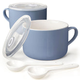 Wareland sky blue ceramic soup bowls with handles and spoons for easy serving.
