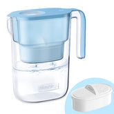 Waterdrop Elfin blue pitcher with lid on kitchen counter, compact and convenient.