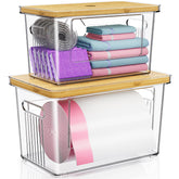 WBKATN trash bag holder with bamboo lid, front-loading for easy bag loading.