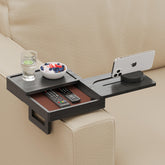 Wealone black arm-tray with dual rotating lids for easy access to snacks and remotes.
