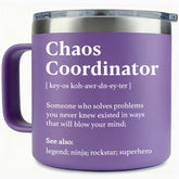 WECACYD Chaos Coordinator mug front view showing sturdy stainless steel for daily use