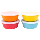 WeeSprout bamboo kids bowls with blue lids ready for meals and easy leftovers