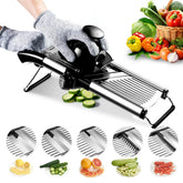 WeltonHM mandoline slicer base on countertop for stable, even cuts.
