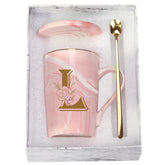 WENSSY Letter L mug with flower in pink, front view, handmade pattern