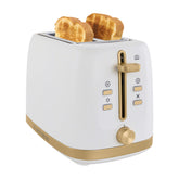 West Bend Timeless 2-Slice Toaster in white and gold, front view for elegant mornings.