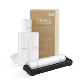 Wevac rolls with dispenser closeup for precise bag sizing during meal prep.