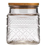 WHJY glass storage container with airtight lid and embossed geometry for stylish pantry storage.