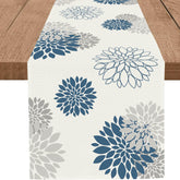 WHOMEAF blue gray dahlia table runner on dining table, elegant centerpiece and protection