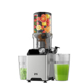 Whuto cold press juicer with wide feed chute and silver knob for whole-fruit juicing