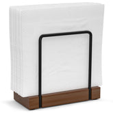 Wican napkin holder on tabletop bamboo iron stand keeps napkins close during meals.
