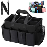 Wigojoy wearable cleaning caddy bag front view in black keeps supplies organized during on-the-go housekeeping.