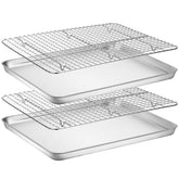 Wildone baking sheet with rack on countertop shows durable stainless steel for even heating.