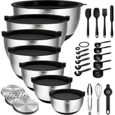 Wildone mixing bowls with airtight lids offer a nesting design for compact storage.