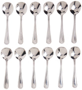 Winco Dots Bouillon Spoon Set in 18-0 stainless steel with shallow bowls.