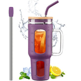 WINSA glass tumbler with lid and straw, 46oz, ideal for car journeys.
