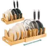 Wisreach bamboo pot lid organizer with a built-in hollow handle for easy transport.
