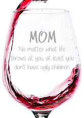 Wittsy Mom No Matter What wine glass used for a celebratory toast, perfect for Mother's Day