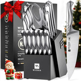 Wizeka Jaguar Series knife set shows razor-sharp blades for precise slicing.