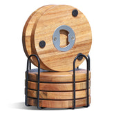 WLWNWFT bottle-opener holder coaster set on table for quick drink access