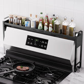 WOCHUANGSI stove top spice rack with guardrail keeps bottles secure and accessible.