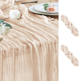 Wokceer cheesecloth table runner main image showing two beige 10ft runners for festive tables.