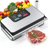 WONMAKE vacuum sealer front view with sleek stainless steel body for space-saving storage.