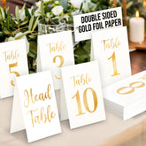 Woodamore gold table number set 1–10 on display for easy guest seating