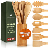 WoodenHouse bamboo utensils 7-piece set with holder, ideal for nonstick cookware and organized storage.